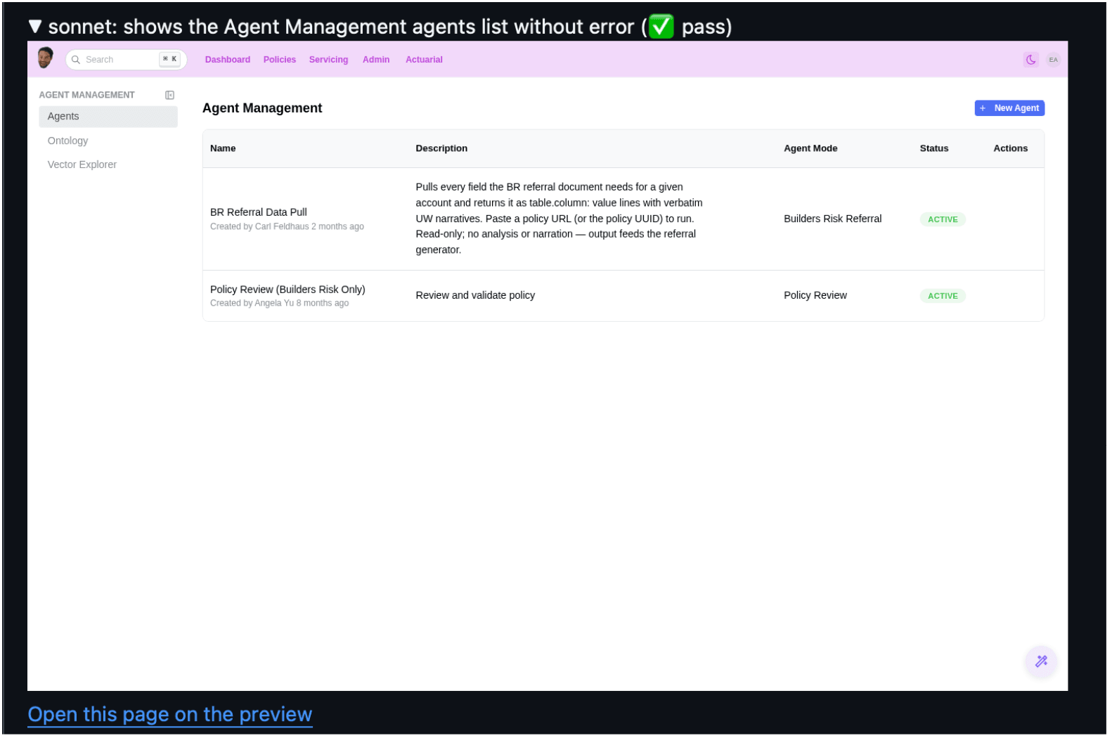 Screenshot from a passing flow showing the Agent Management agents list, with a link to open the page on the preview